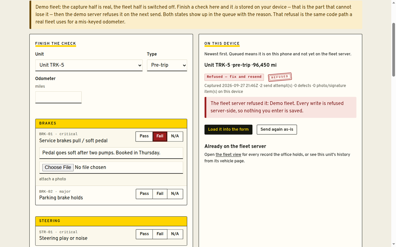 Driver queue showing a record queued on the device with send attempts, and a refused record with the reason